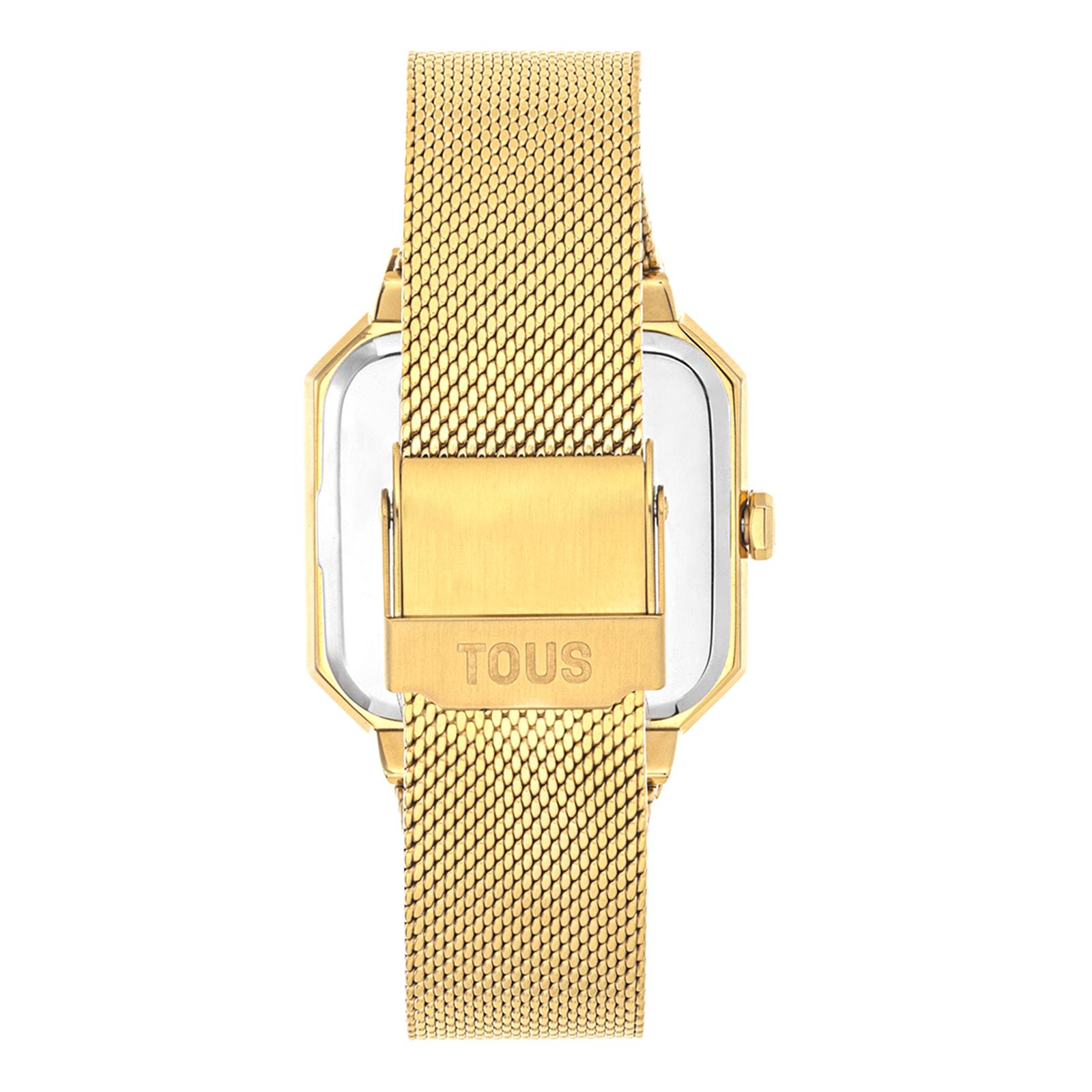 Reloj analógico TOUS Karat Squared con brazalete de acero IPG dorado 316L, dimensiones 32 x 40 mm y esfera de metal con cristales facetados en los índices