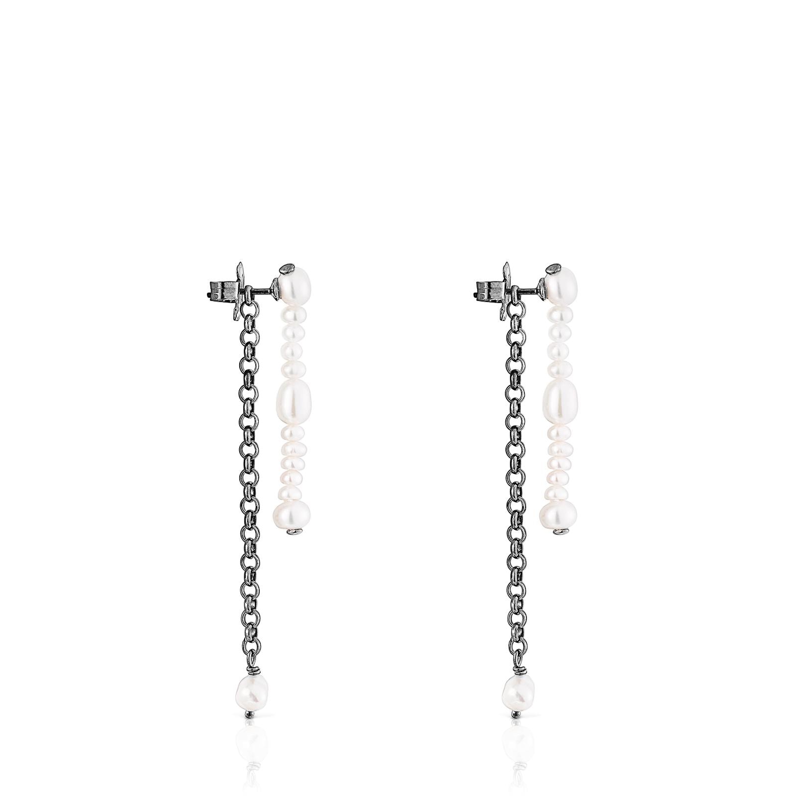 Pendientes dobles de plata dark silver con perlas cultivadas Virtual Garden