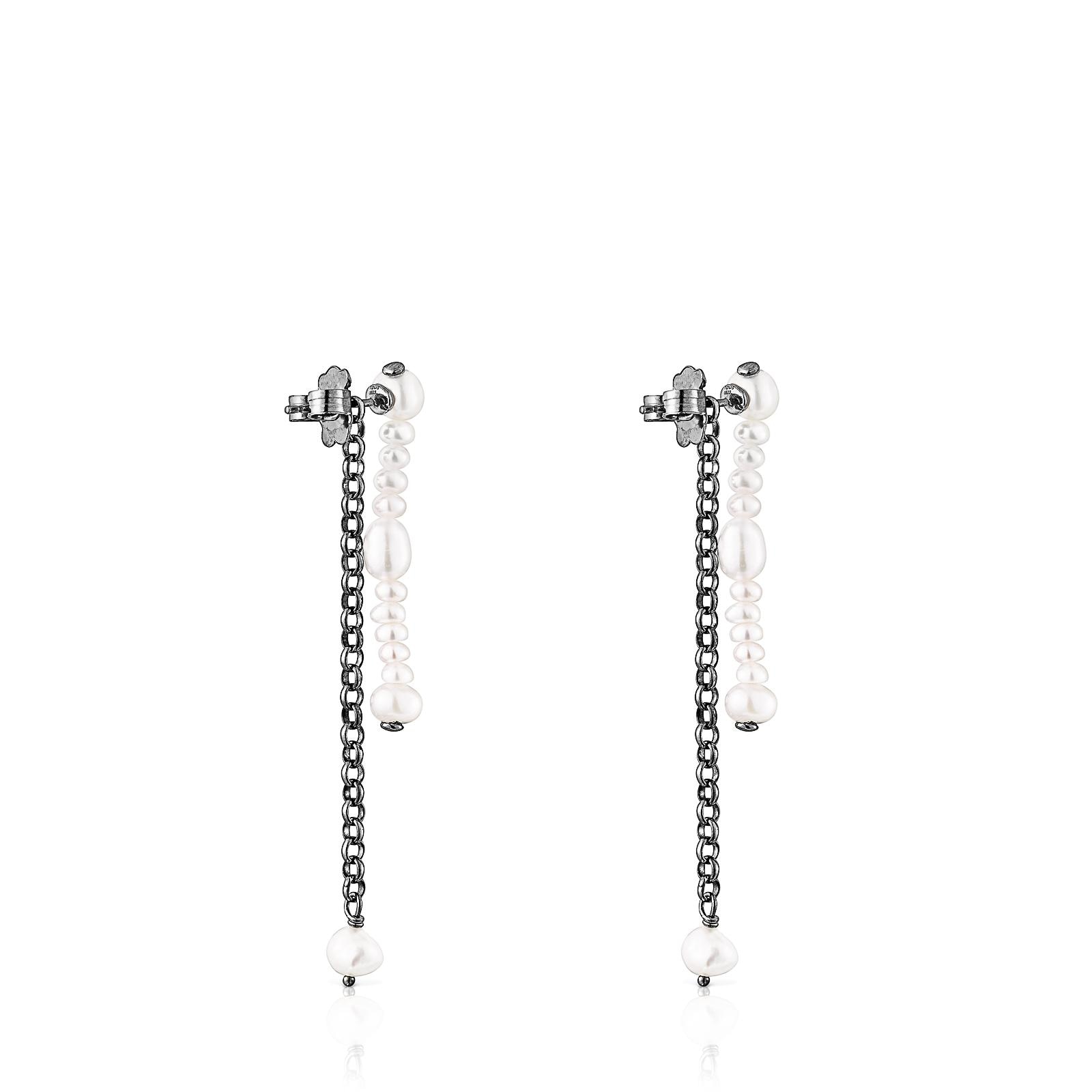 Pendientes dobles de plata dark silver con perlas cultivadas Virtual Garden